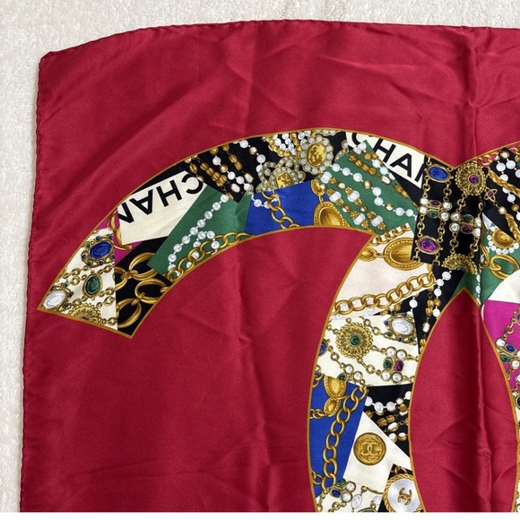 Chanel Silk Scarf Red with Coco Mark and Flowers White - Picture 3 of 5